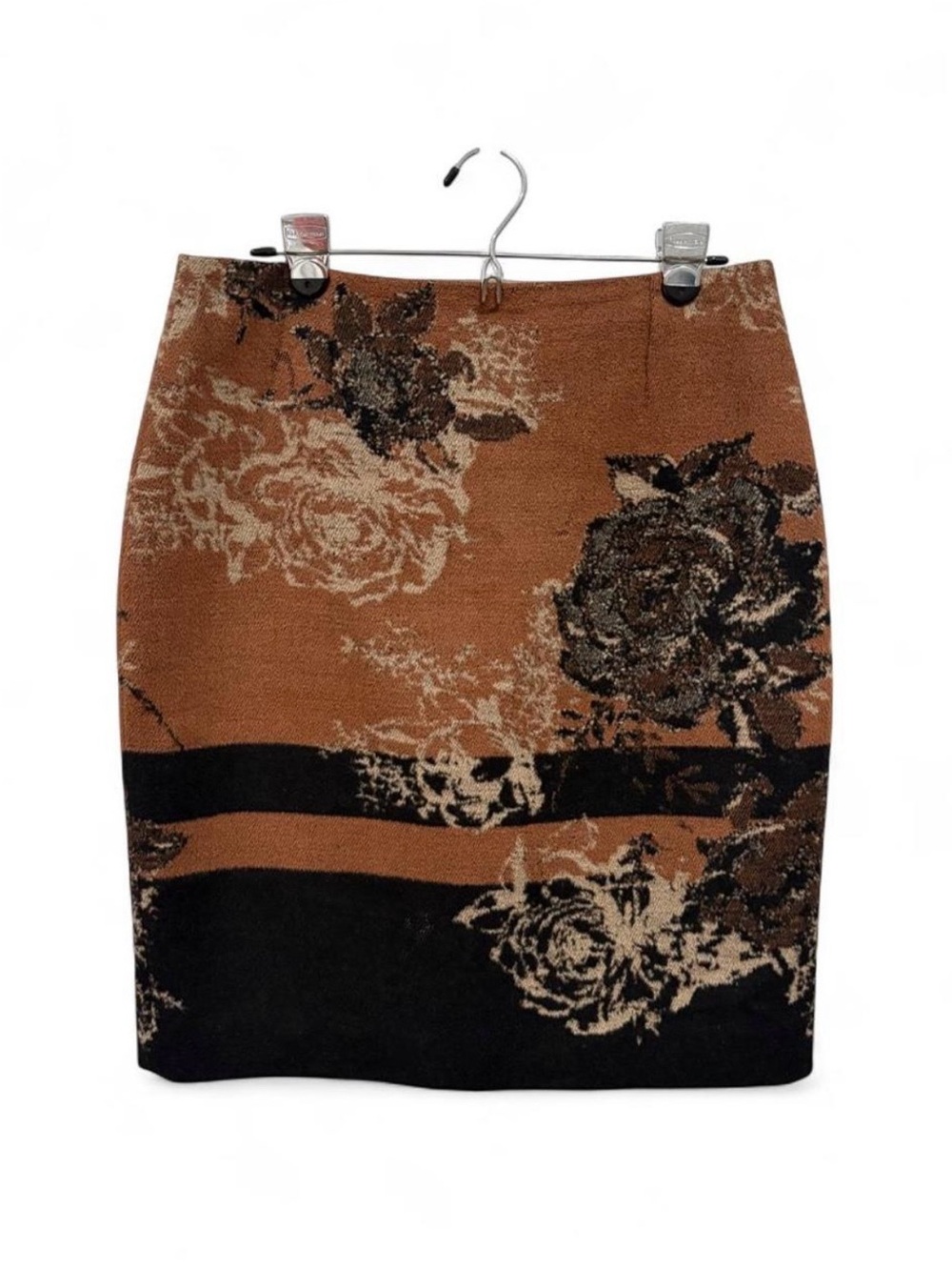 Un Jour Ailleurs Paris Brown Black Wool Blend Floral Pencil Skirt Size 8 Vintage